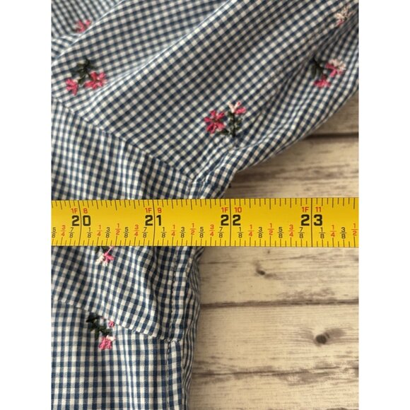 Talbots Floral Embroidered Gingham Blue White Check Roll Tab Sleeve Shirt Large - Picture 9 of 11
